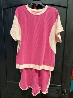 Womens Pink & Cream Ribbed Short Sleeve Knit Top